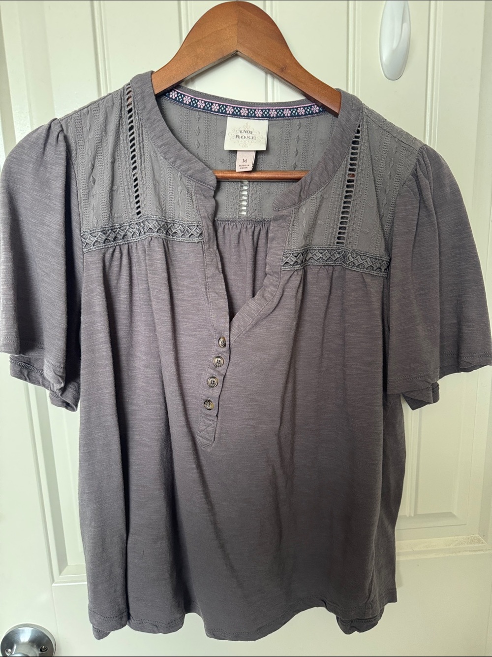 Knox Rose Slate Gray Lace-Trim Henley Top